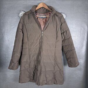 Weatherproof Coat Womens Large Down Puffer Long Quilted Faux Fur Trim Hood Brown